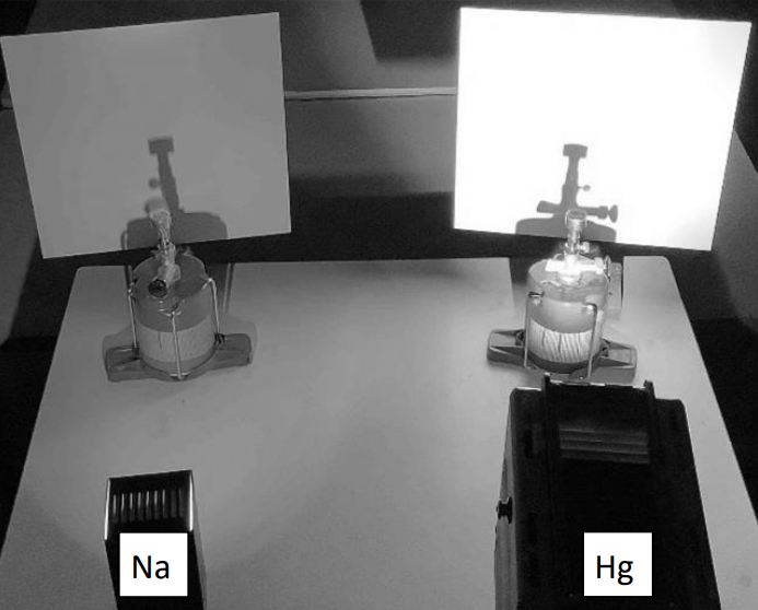 Zwei Lichtquellen (Na und Hg) projizieren Licht auf weiße Schirme, sichtbare Schatten.